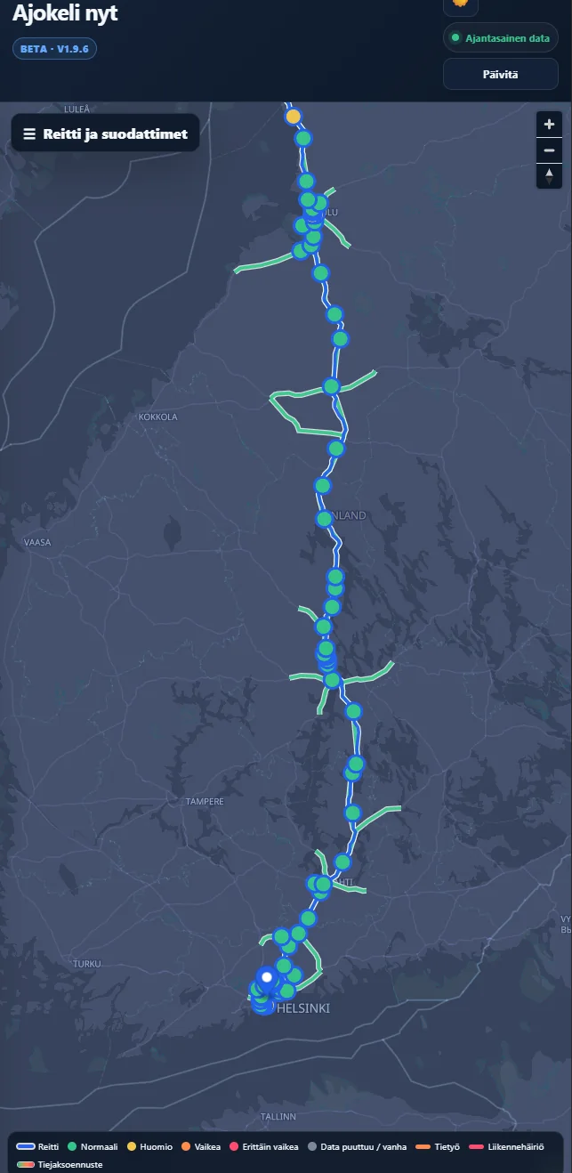 Ajokeli nyt -palvelun karttanäkymä